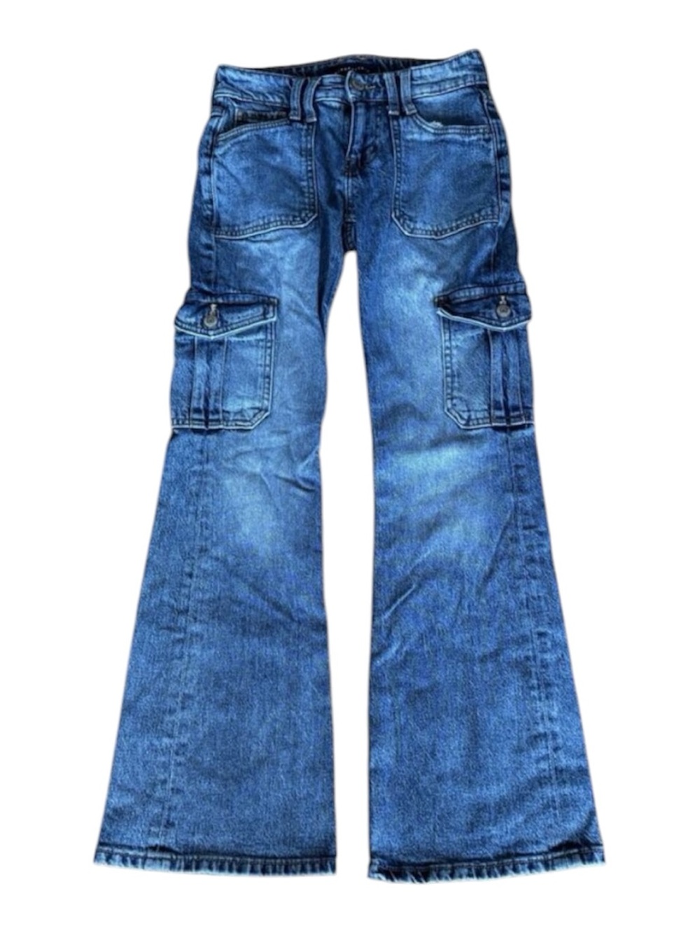 Aeropostale Mid Rise Flare Cargo Jeans Y2K Utility Blue Denim Medium Wash Sz 000